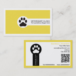 Carte De Visite Patte et code QR jaune Clinique vétérinaire 
