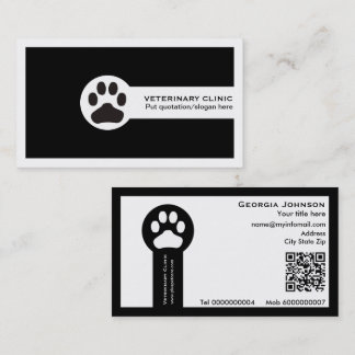 Carte De Visite Patte et code QR noir Clinique vétérinaire