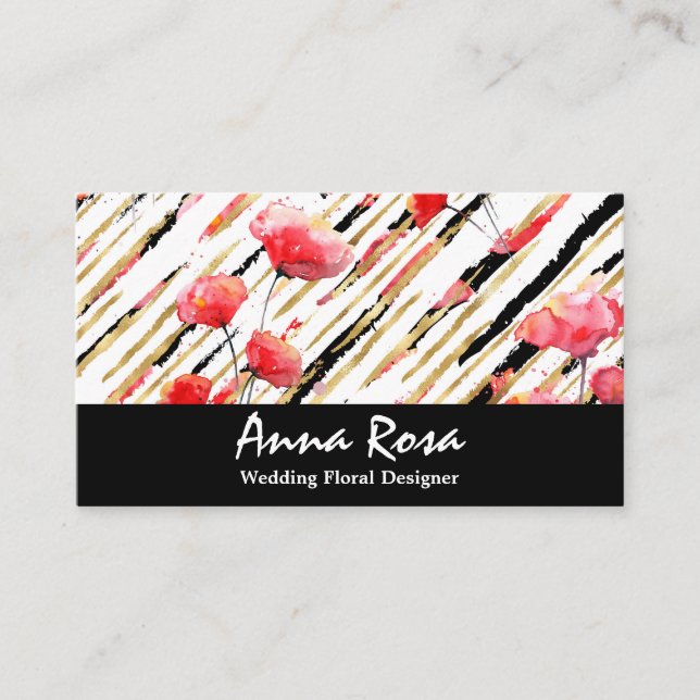 Carte De Visite *~* Pavot rouge floral Parties scintillant noire h (Devant)