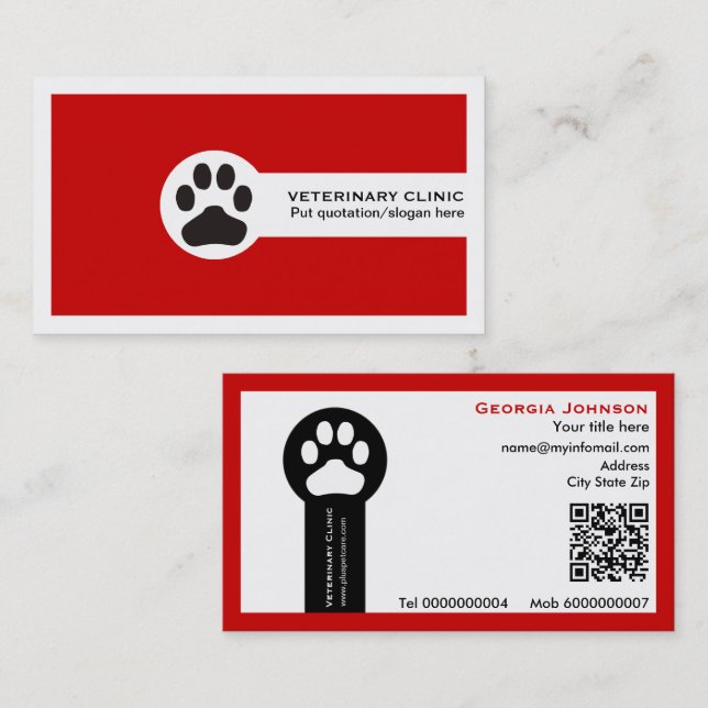 Carte De Visite Paw and QR code red Vet/Veterinary Clinic  (Devant / Derrière)