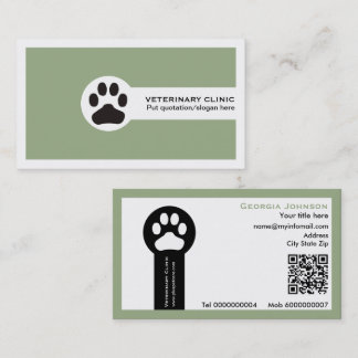 Carte De Visite Paw and QR code sage green Vet/Veterinary Clinic 