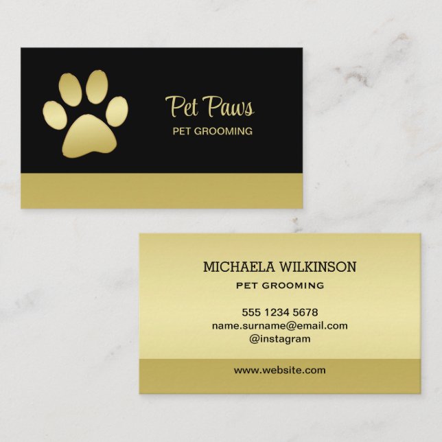 Carte De Visite Paw chien brillant or sur le service de grossissem (Devant / Derrière)