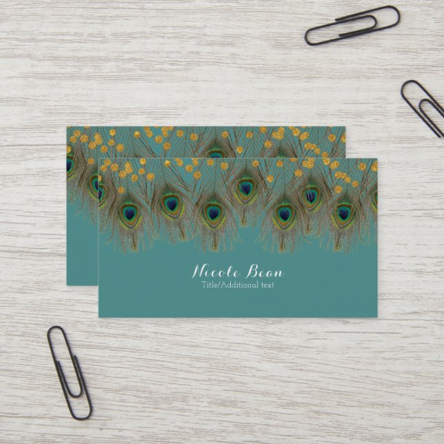 Carte De Visite Peacock Feather & Gold Dots N'IMPORTE QUELLE COULE (Devant/Arrière en situation)