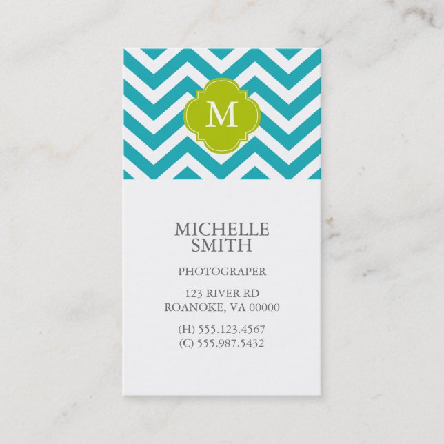 Carte De Visite Peacock Turquoise & Green Zigzags Motif Monogramme (Devant)