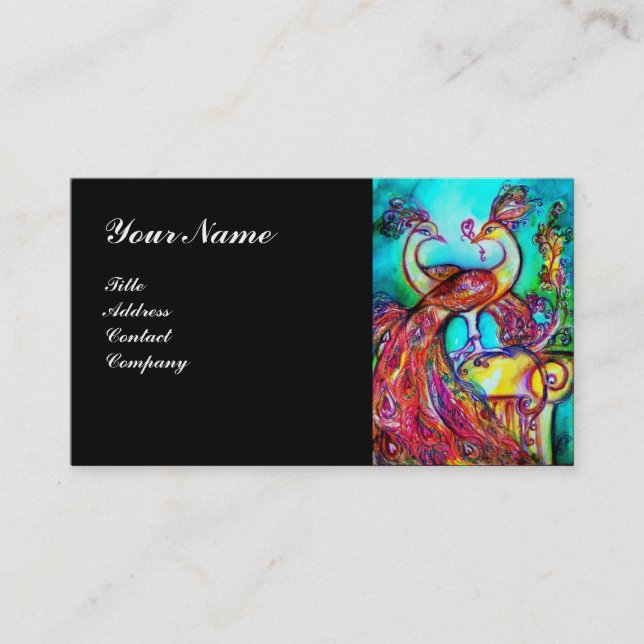 Carte De Visite PEACOCKS EN AMOUR MONOGRAM, bleu turquoise rouge n (Devant)