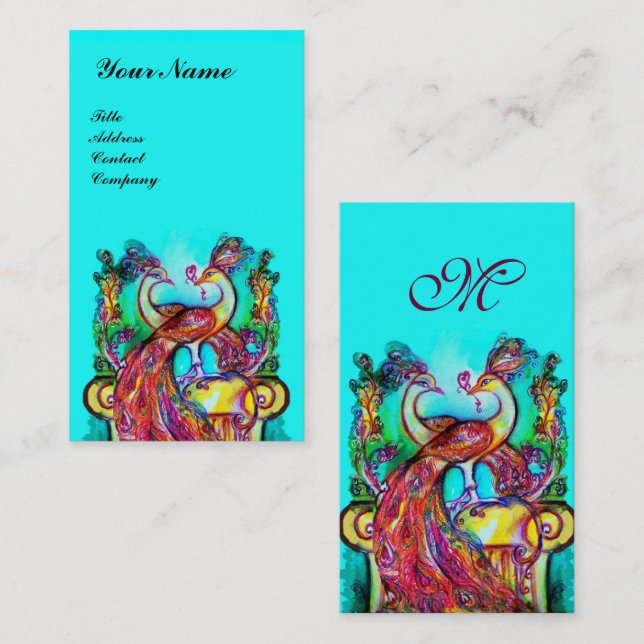 Carte De Visite PEACOCKS EN AMOUR MONOGRAM, Rouge Aqua bleu Turquo (Devant / Derrière)