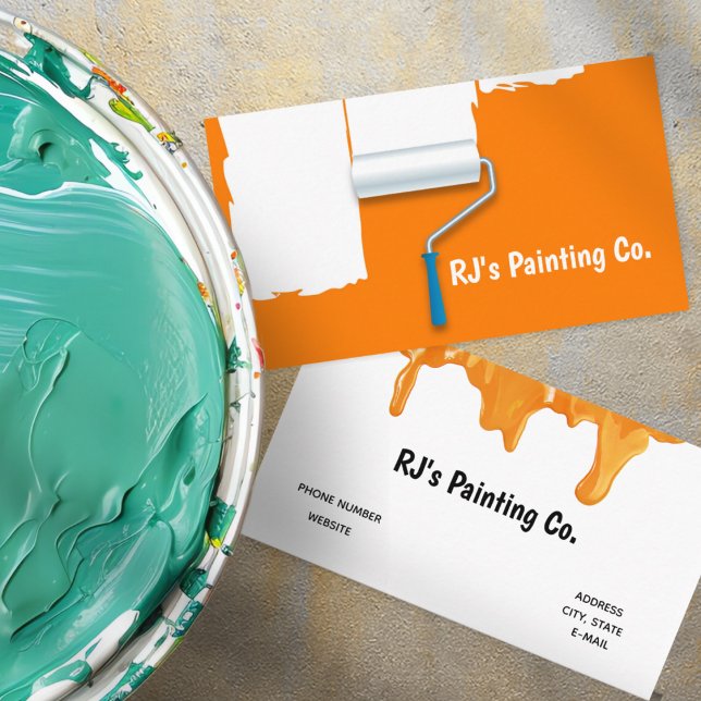 Carte De Visite Peintre à rouleaux à peinture blanche orange profe (Professional Orange White Paint Roller Painter Business Card)