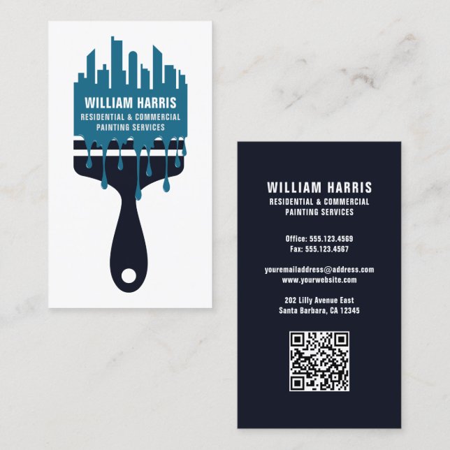 Carte De Visite Peintre de maison Marine & Blue QR Code (Devant / Derrière)