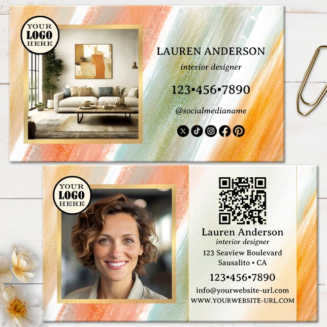 Carte De Visite Peinture artistique Swatch Moderne Designer d'inté (Business card featuring your own photos on an artistic paint swatch design - interior design)