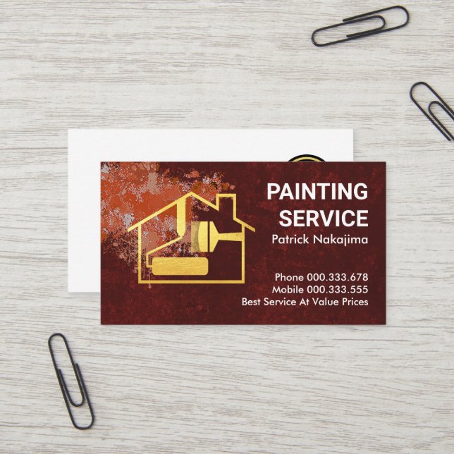 Carte De Visite Peinture Splatter Gold Home Peinture (Devant/Arrière en situation)