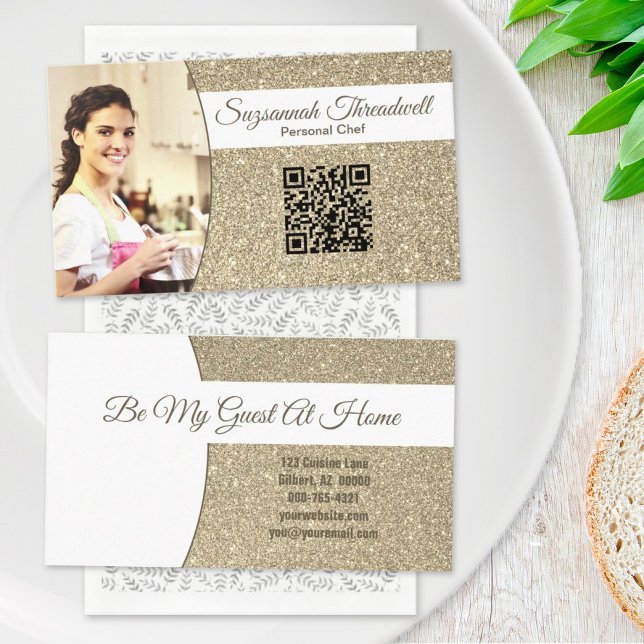 Carte De Visite Personal Chef Subtle Gold Glitter Custom Photo QR (Créateur téléchargé)