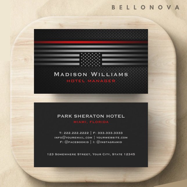 Carte De Visite Personnalisé Black Grey Red États-Unis America Fla (Custom Black Grey Red The USA America Flag Premium Business Card)