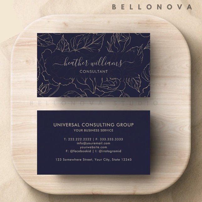Carte De Visite Personnalisé Dark Navy Blue Gold Flower Profession (Custom Dark Navy Blue Gold Flower Professional Business Card)