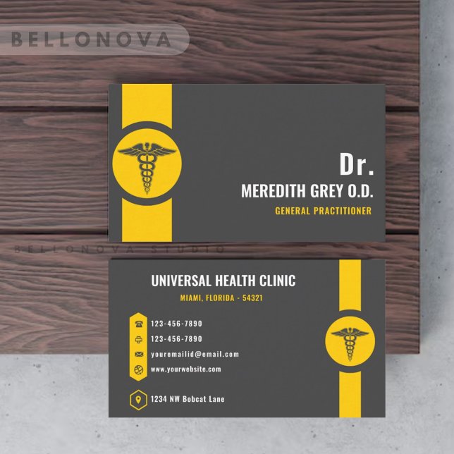 Carte De Visite Personnalisé gris foncé Noir Jaune Docteur Fancy (Custom Dark Grey Black Yellow Doctor Fancy Business Card)