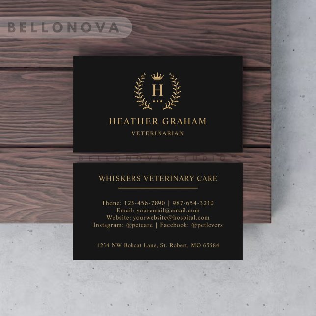 Carte De Visite Personnalisé Initial & Nom Noir Et Or Monogramme (Custom Initial & Name Black And Gold Monogrammed Business Card)
