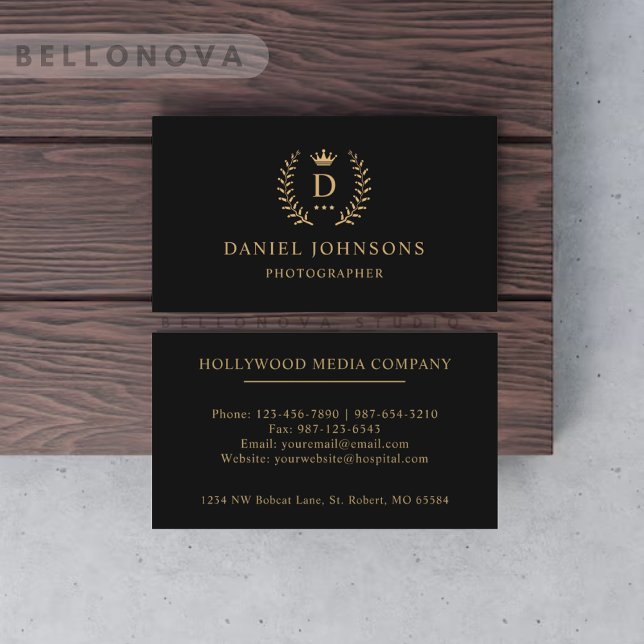 Carte De Visite Personnalisé Initial & Nom Noir Et Or Monogramme (Custom Initial & Name Black And Gold Monogrammed Business Card)