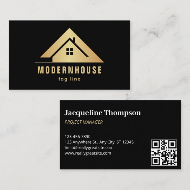 Carte De Visite Personnalisé Noir + Or Maison Construction Lux (Devant / Derrière)