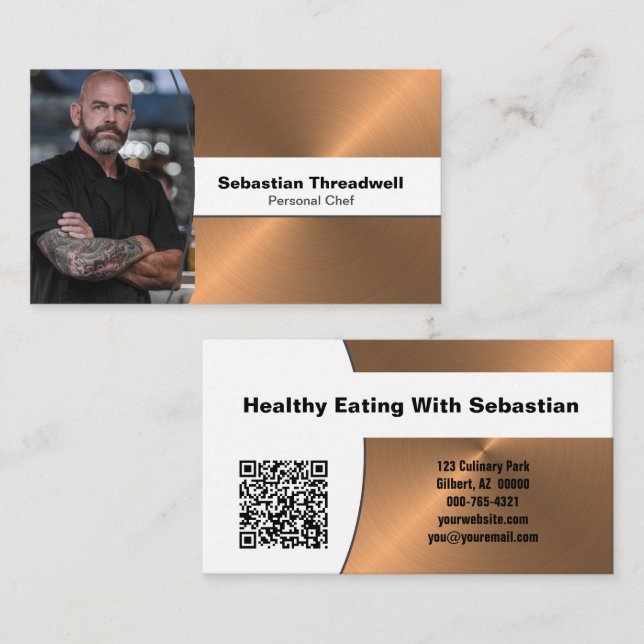Carte De Visite Personnel chef Brushed Copper Custom Photo QR Code (Devant / Derrière)