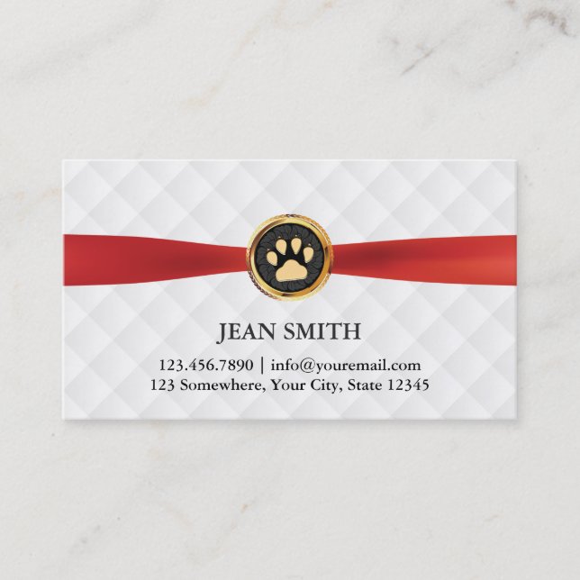 Carte De Visite Pet Care Gold Paw Red Ribbon Élégant (Devant)