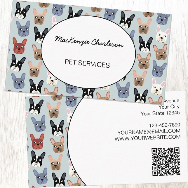 Carte De Visite Pet Services French Bulldog QR Code (French Bulldog pet services QR Code business card for dog walker, pet sitter or veterinarian)