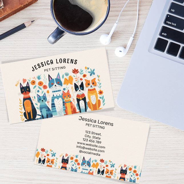 Carte De Visite Petit Animal assis, Joyeux Chat assis, Vétérinaire (Créateur téléchargé)