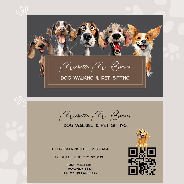 Carte De Visite Petit chien Walker Groomer QR Code gris (Créateur téléchargé)
