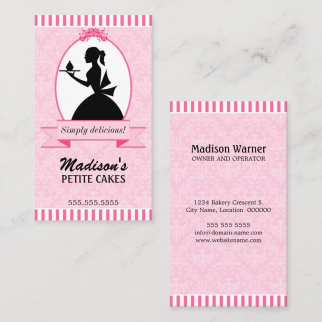 Carte De Visite Petit gâteau élégant de silhouette de damassé (Devant / Derrière)