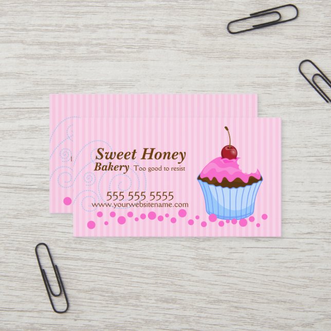 Carte De Visite Petit gâteau rose mignon avec la cerise (Devant/Arrière en situation)