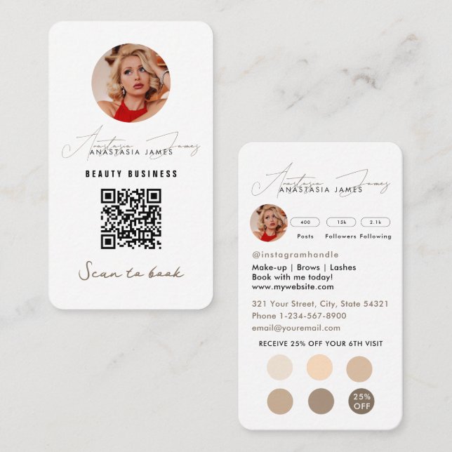 Carte De Visite Petite entreprise Rabais Loyauté QR Code Boho Beig (Devant / Derrière)