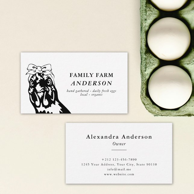Carte De Visite Petite ferme de poulet noir et blanc OEufs frais (Minimal Black and White Chicken Farm Fresh Eggs Business Card)