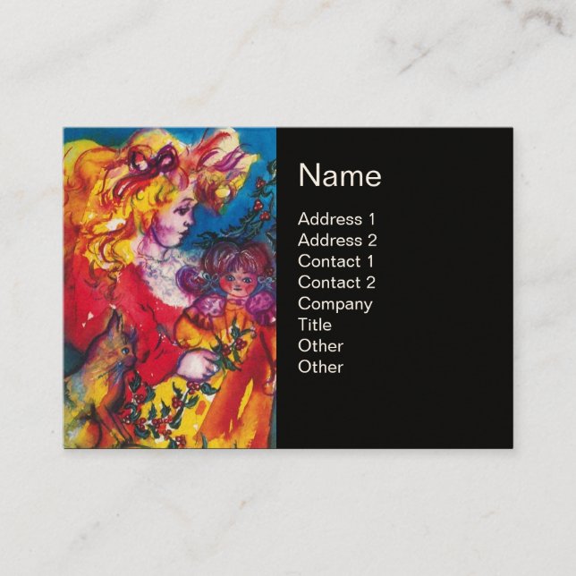 Carte De Visite PETITE FILLE, CHAT ET JOLIE DOLL Rouge Noir (Devant)