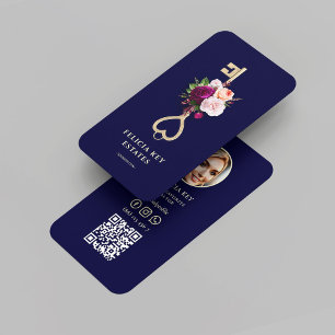 Carte De Visite Photo à clé florale moderne de minuit bleu réaltor