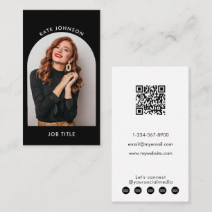Carte De Visite Photo Arc simple moderne noir blanc QR Code