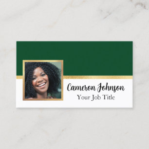 Carte De Visite Photo avec Elegant Script et Gold sur Forest Green