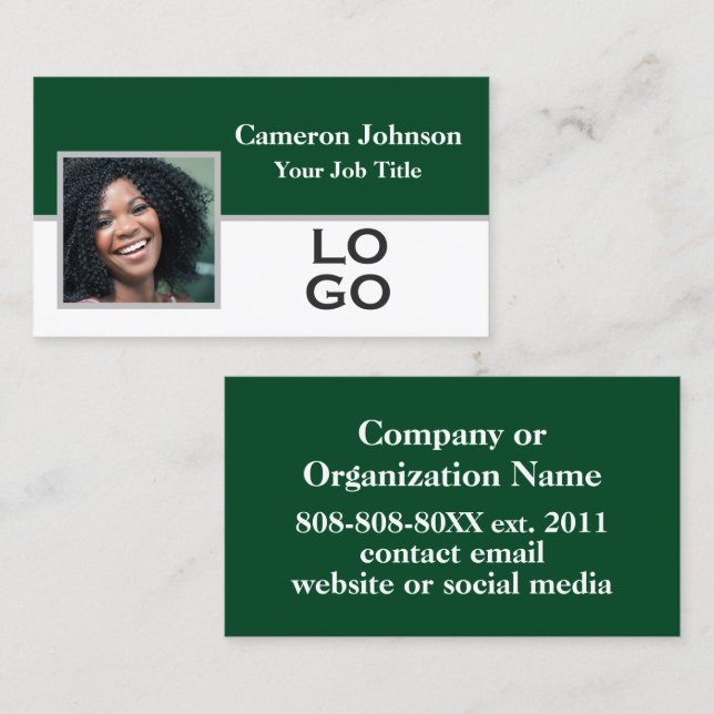 Carte De Visite Photo avec logo personnalisé sur Forest Green (Devant / Derrière)