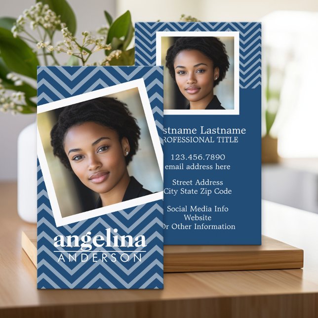 Carte De Visite Photo Blue Chevron Nom personnalisé du Motif (Custom Business Cards)