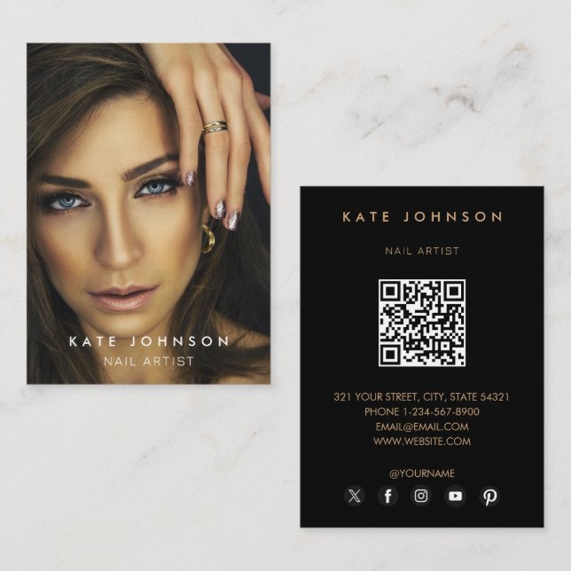 Carte De Visite Photo Clou Artiste Salon QR Code Social Media Blac (Devant / Derrière)