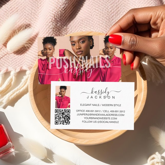 Carte De Visite Photo Collage Nom en gras Script Calligraphie QR C (Photo Collage Bold Name Script Calligraphy QR Code Business Card)