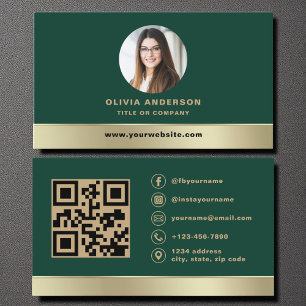 Carte De Visite Photo de code QR avec logo doré sur fond vert forê
