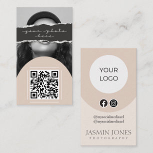 Carte De Visite Photo de code QR beige moderne