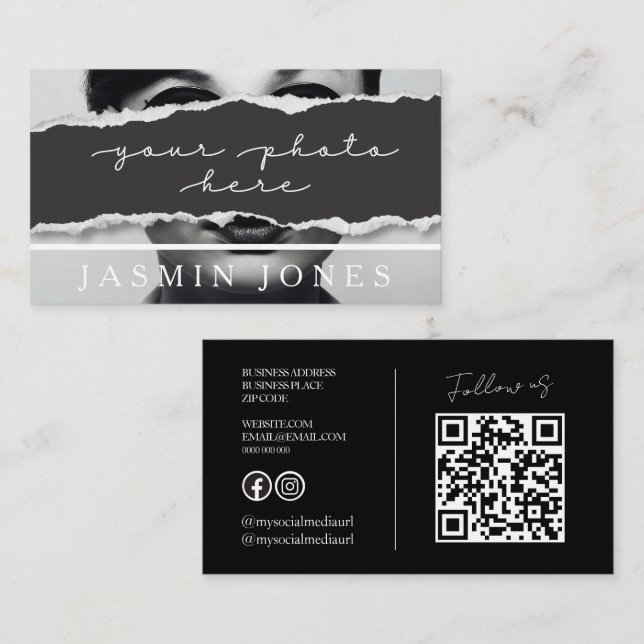 Carte De Visite Photo de code QR noir moderne (Devant / Derrière)