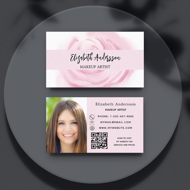 Carte De Visite Photo de fleurs blanches roses logo QR (Créateur téléchargé)