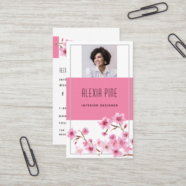 Carte De Visite Photo de fleurs de cerisier professionnel moderne  (Devant/Arrière en situation)
