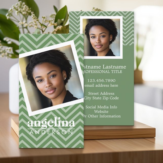 Carte De Visite Photo de Green Chevron Motif Nom personnalisé (Custom Business Cards)