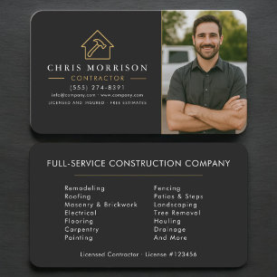 Carte De Visite Photo de l'entrepreneur en construction Noir Or 