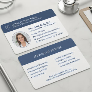 Carte De Visite Photo de médecin moderne bleu marine Clinique