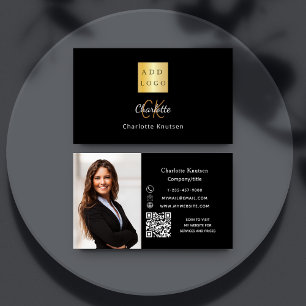 Carte De Visite Photo en or noir monogramme du code Qr logo