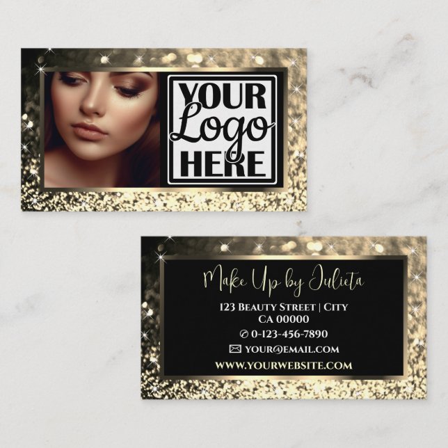 Carte De Visite Photo et logo Modèle Gold Sparkle Parties scintill (Devant / Derrière)