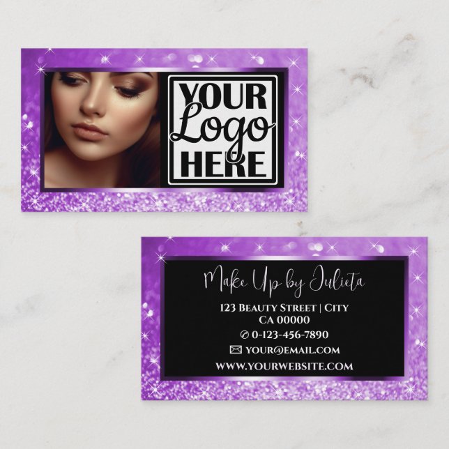 Carte De Visite Photo et logo Modèle Lilac Sparkle Parties scintil (Devant / Derrière)