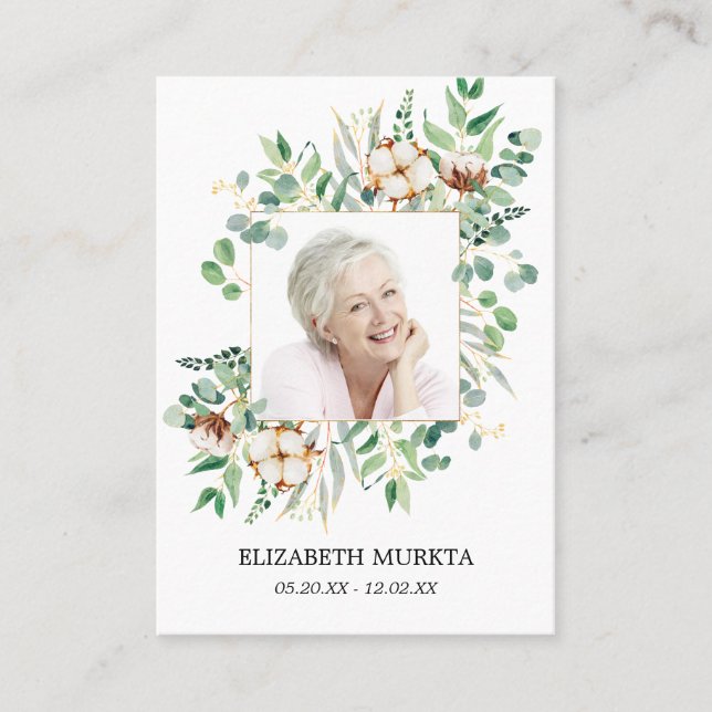 Carte De Visite Photo Eucalyptus White Floral Funeral Prayer Card (Devant)
